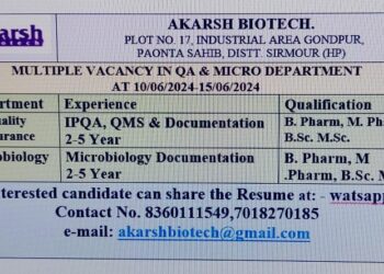 पावटा साहिब : आकर्ष बायोटेक में नौकरी के लिए करें अप्लाई