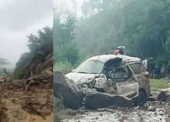 सड़क से गुजर रही दो गाड़ियों पर पहाड़ी से गिरी चट्टानें, मची चीख पुकार