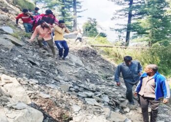 डंडों के साथ कुर्सी बांधकर अस्पताल पहुंचाई बीमार महिला