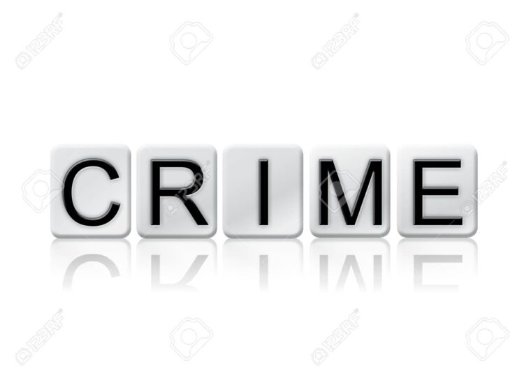 The word "Crime" written in tile letters isolated on a white background.