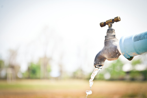 Water drop from water tap.Wasting water.Brass water tap in nature background.